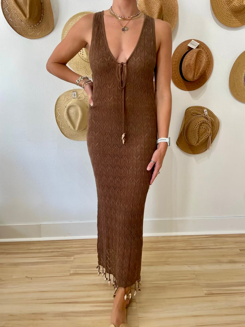 (Elan) Reversible Crochet Maxi Dress - Brown (Elan) Reversible Crochet Maxi Dress - Brown