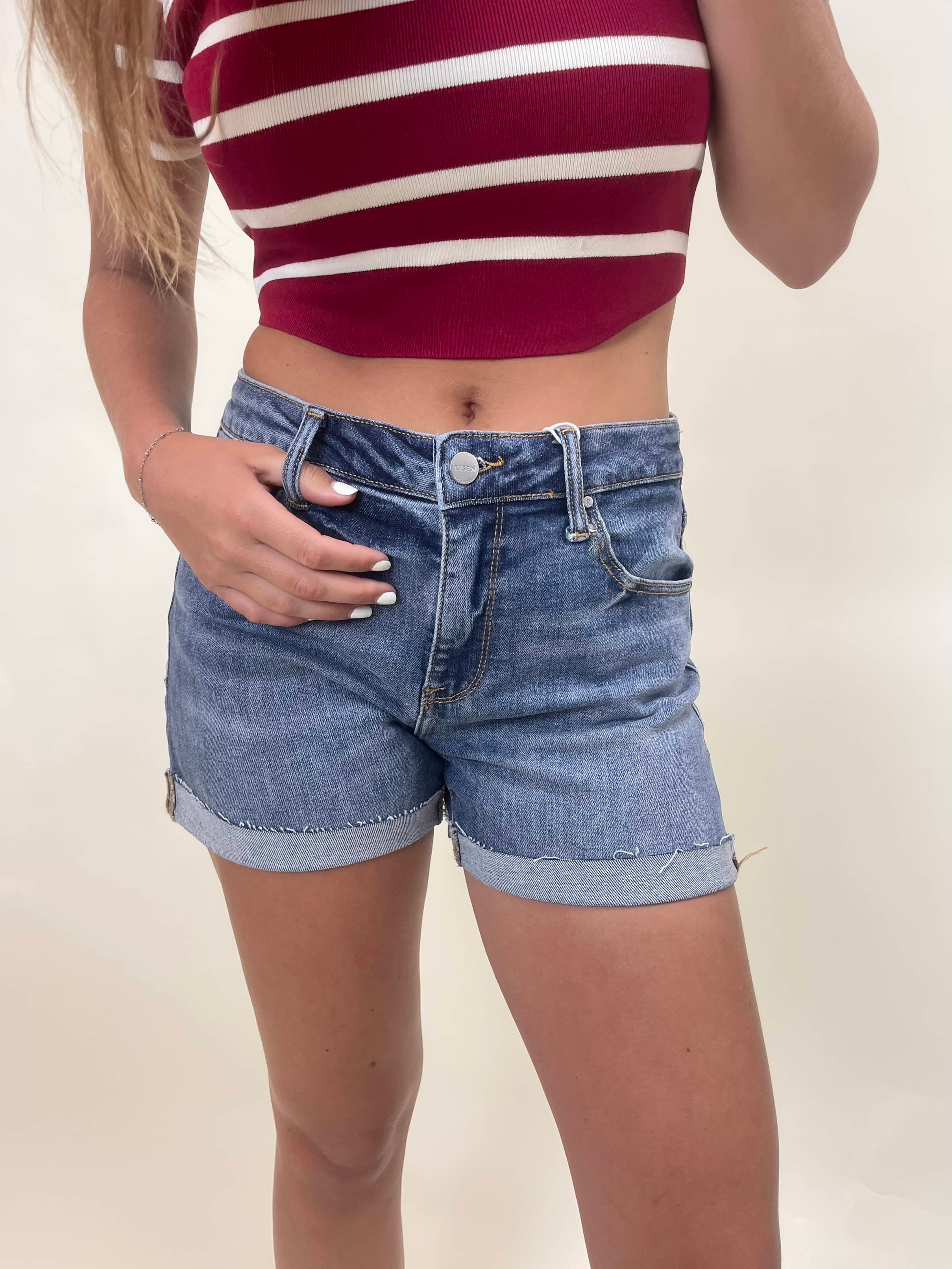 Risen High Rise Cuffed Denim Shorts - Dark – Pineapple Lain Boutique