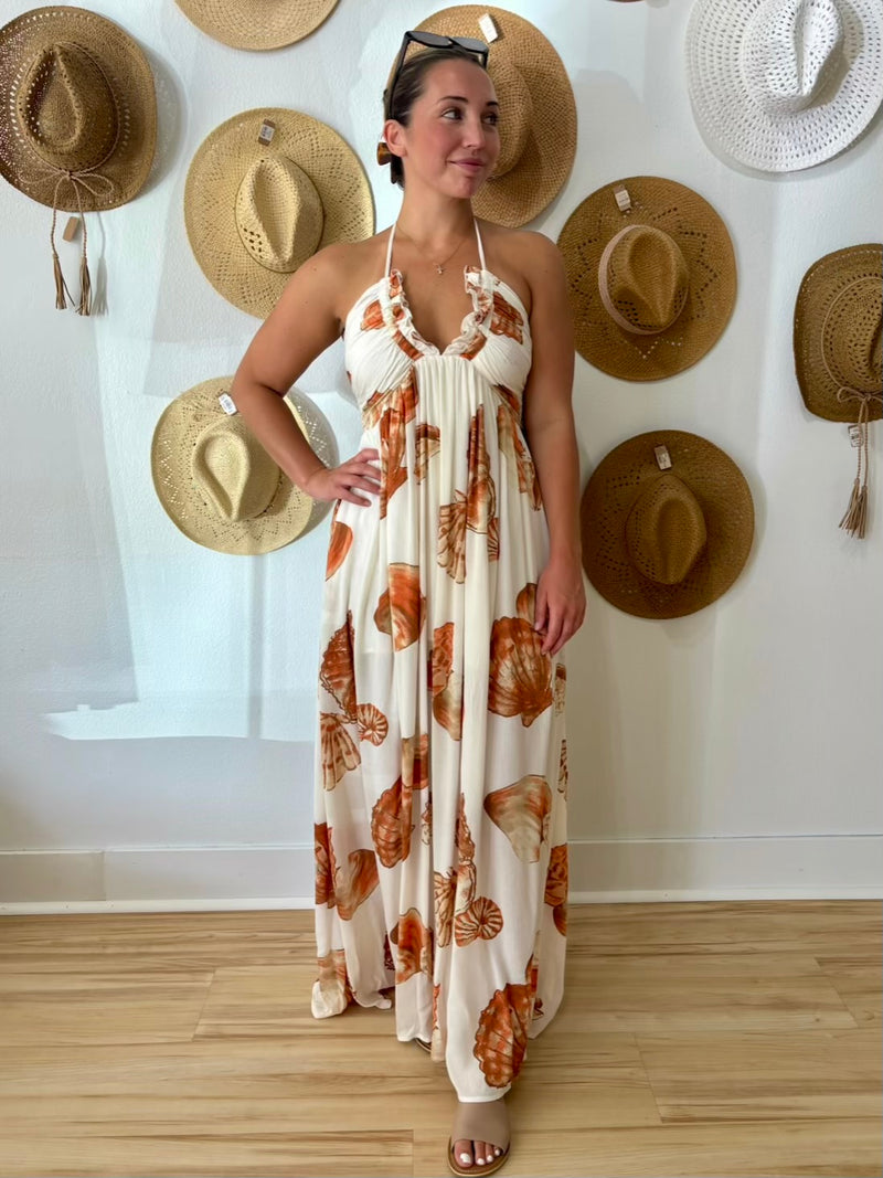 Seashell Serenade Halter Maxi Dress Large