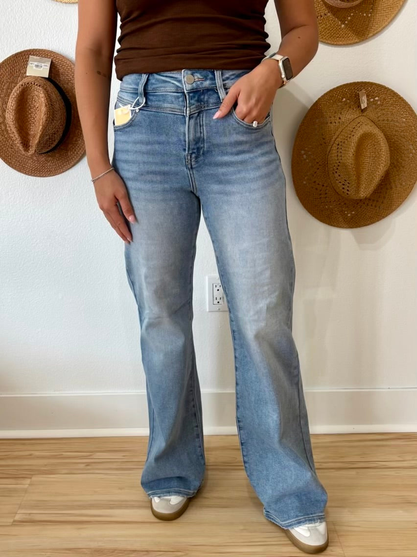 Risen High Rise Front Yoke Detail Wide Leg Jeans - Medium