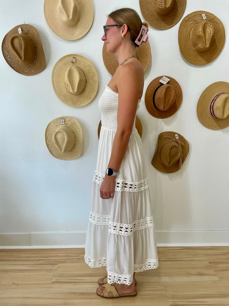 smocked strapless dresses (Elan)Smocked Strapless Tiered Midi Dress – White Small