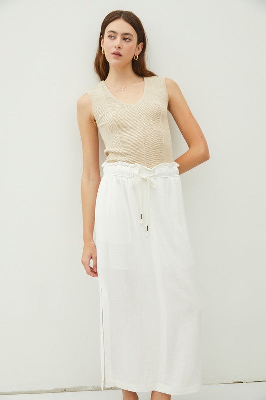 Drawstring Linen Maxi Skirt - Off White