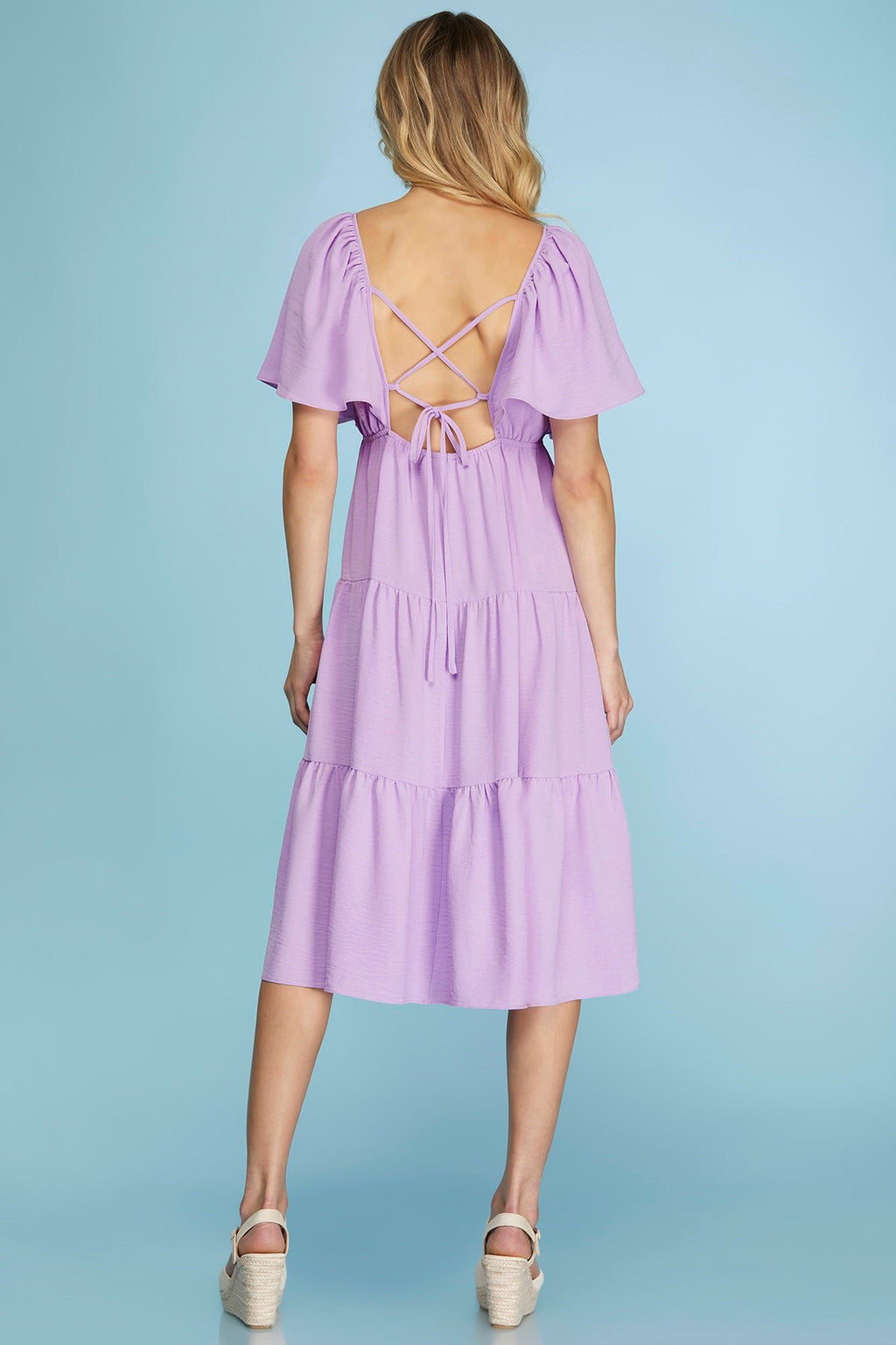 Lavender Flounce Sleeve Midi Dress