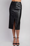 Vegan Leather Front Slit Midi Skirt - Black