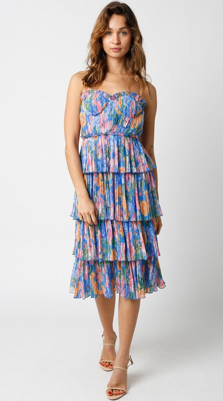 Olivaceous Blue Floral Print Tiered Midi Dress
