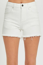 Risen High Rise Frayed Hem Denim Shorts - White