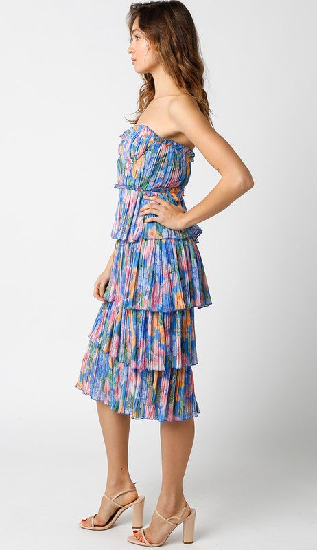 Olivaceous Blue Floral Print Tiered Midi Dress