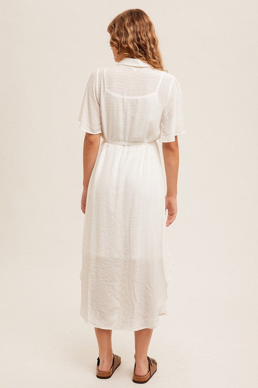 Textured S/S Button Down Shirt Dress - White