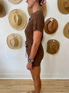 (Elan) Button Front Crochet Romper - Brown