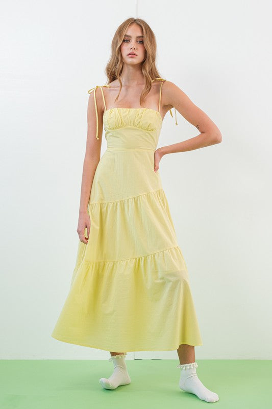 Kinsley Smocked Back Tiered Midi Dress - Lemon Yellow