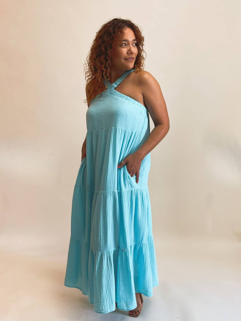 Elan Gauzy Tiered Maxi Dress - Light Azure