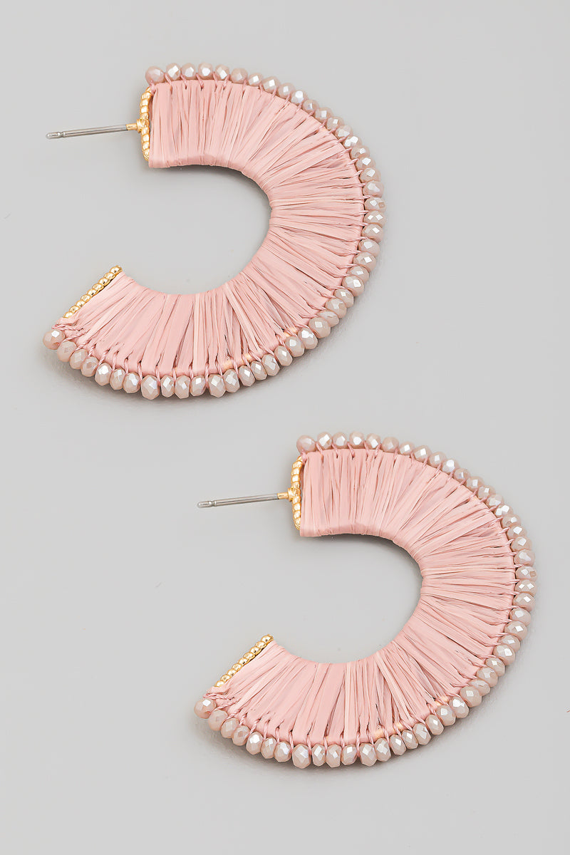 Beaded Edge Raffia Hoop Earrings - Soft Pink
