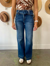 Risen High Rise dark wash wide leg jeans with removable belt and light sandblasted details