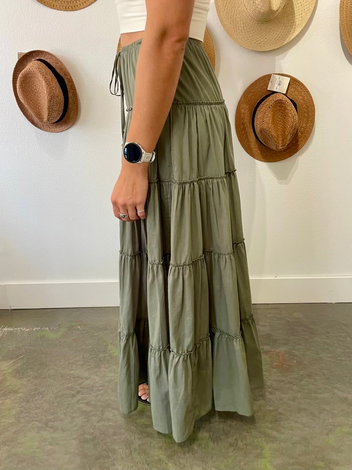 Lola Tiered Drawstring Maxi Skirt - Army Green – Pineapple Lain