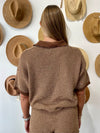 Contrast Trim Split V Collared Top - Brown/Cream