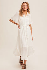 Textured S/S Button Down Shirt Dress - White