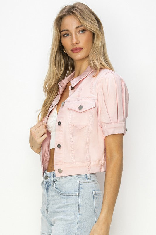 Risen Shirred Sleeve Denim Crop Jacket - Soft Pink