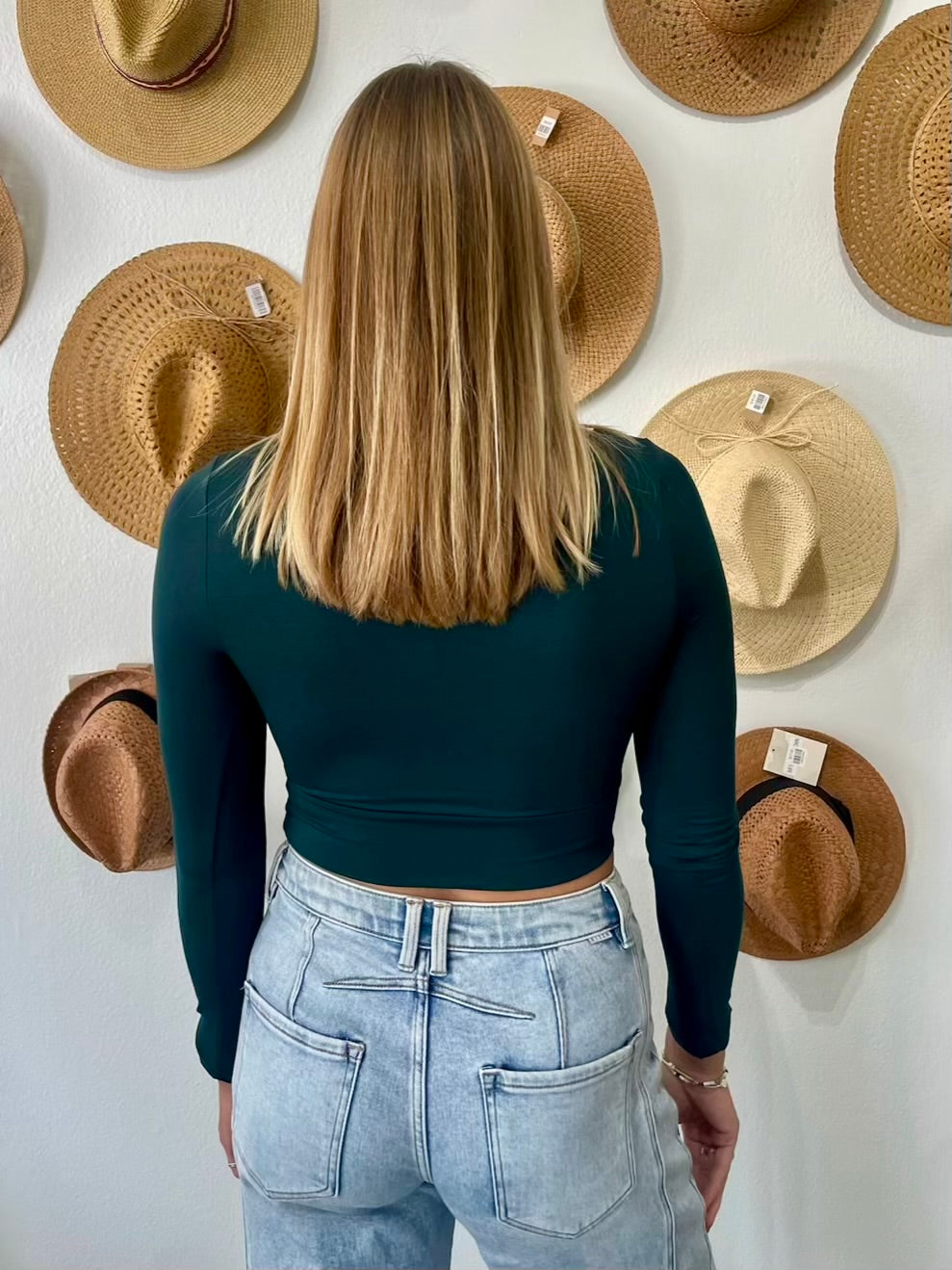 Final Touch Long Sleeved Square Neck Crop Top - Dk Emerald