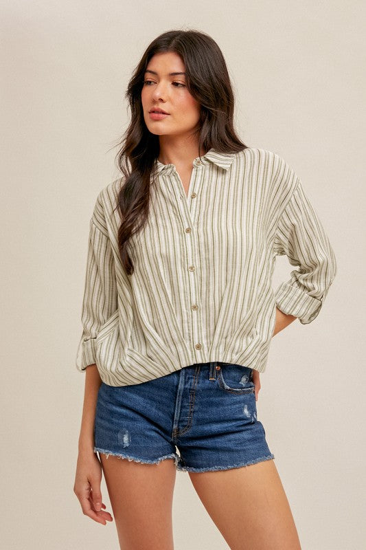 Pleated Hem Striped Button Down - Olive/White