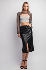Vegan Leather Front Slit Midi Skirt - Black