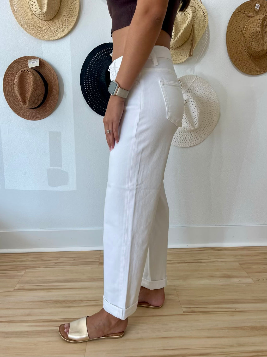 Risen Mid Rise white relaxed barrel ankle jeans with cuff detail and zip fly