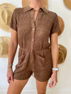 (Elan) Button Front Crochet Romper - Brown