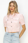 Risen Shirred Sleeve Denim Crop Jacket - Soft Pink