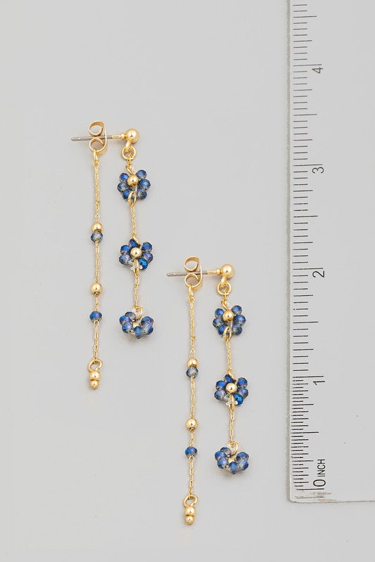 Beaded Flower Chain Dangle Earrings - Blue