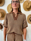 Contrast Trim Split V Collared Top - Brown/Cream