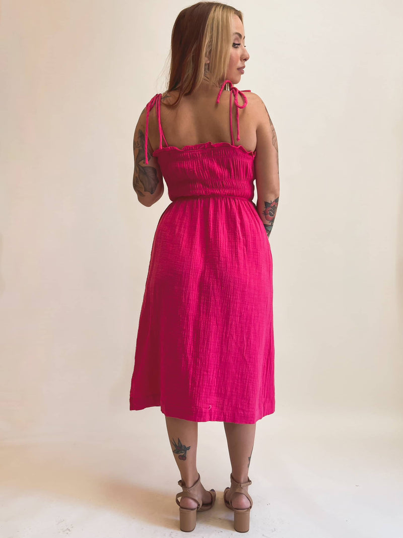 Hot Pink Button Down Midi Dress