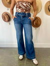 Risen High Rise dark wash wide leg jeans with removable belt and light sandblasted details