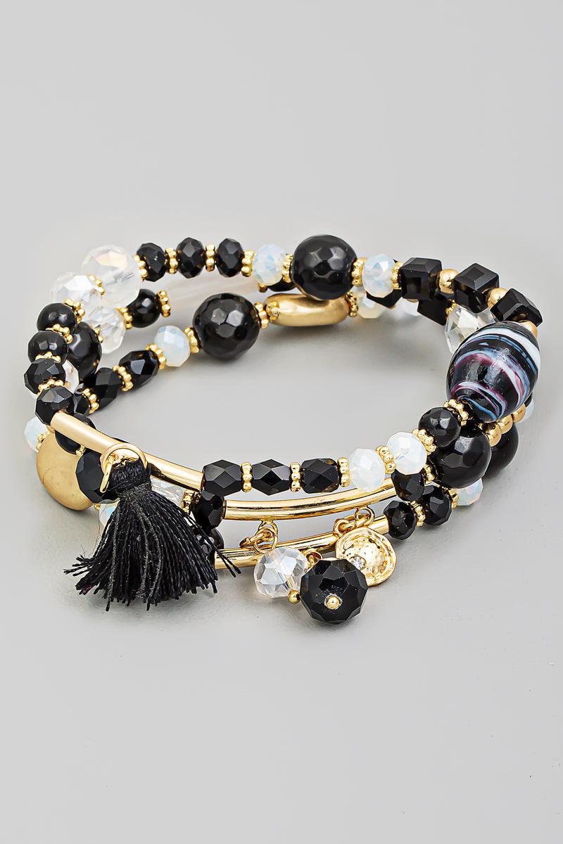 Assorted Bead + Tassel Bracelet Set - Black - Pineapple Lain Boutique