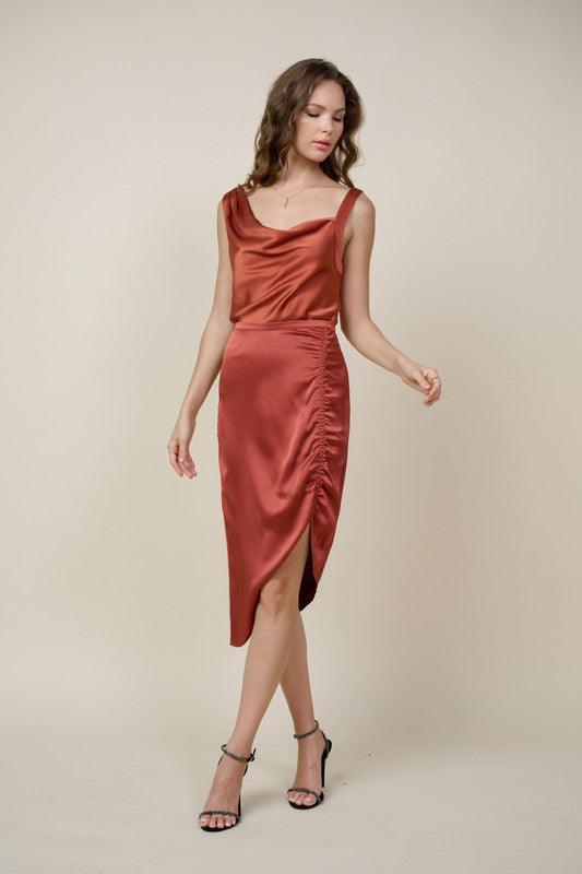 Asymmetric Satin Ruched Skirt - Terra Cotta - Pineapple Lain Boutique