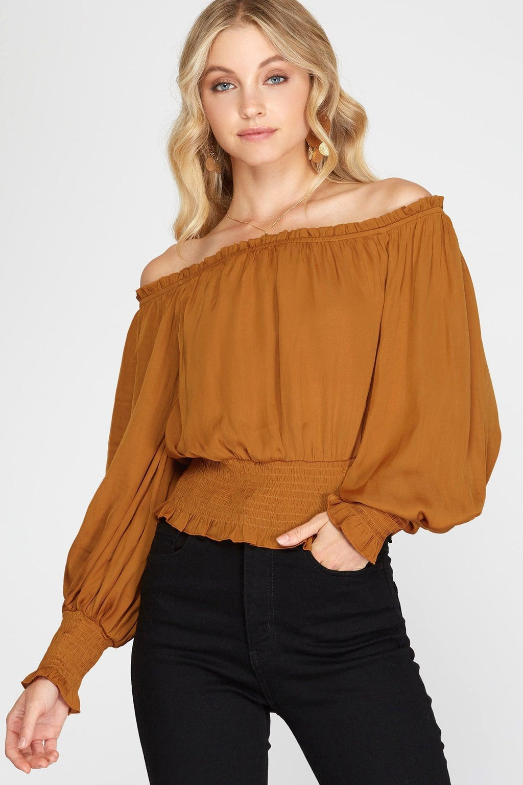 Balloon Sleeve Off Shoulder Top - Caramel - Pineapple Lain Boutique