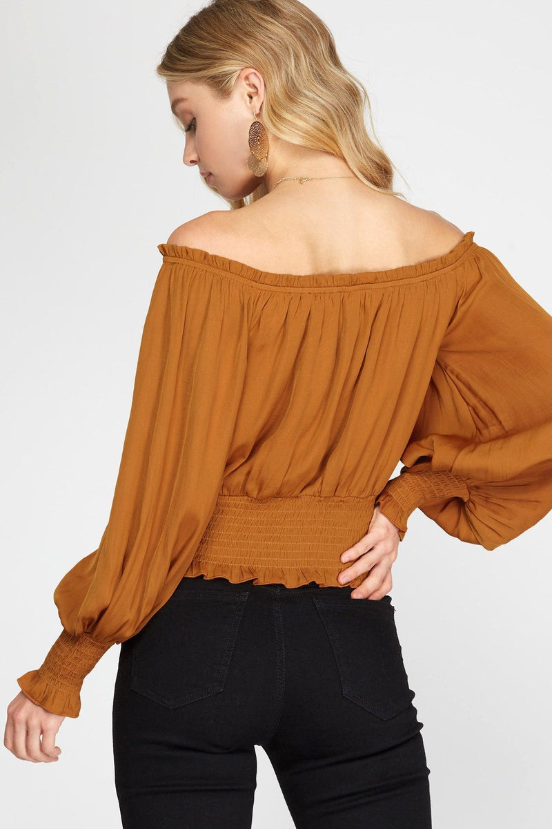 Balloon Sleeve Off Shoulder Top - Caramel - Pineapple Lain Boutique
