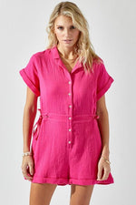 Button Down Gauze Romper - Hot Pink - Pineapple Lain Boutique
