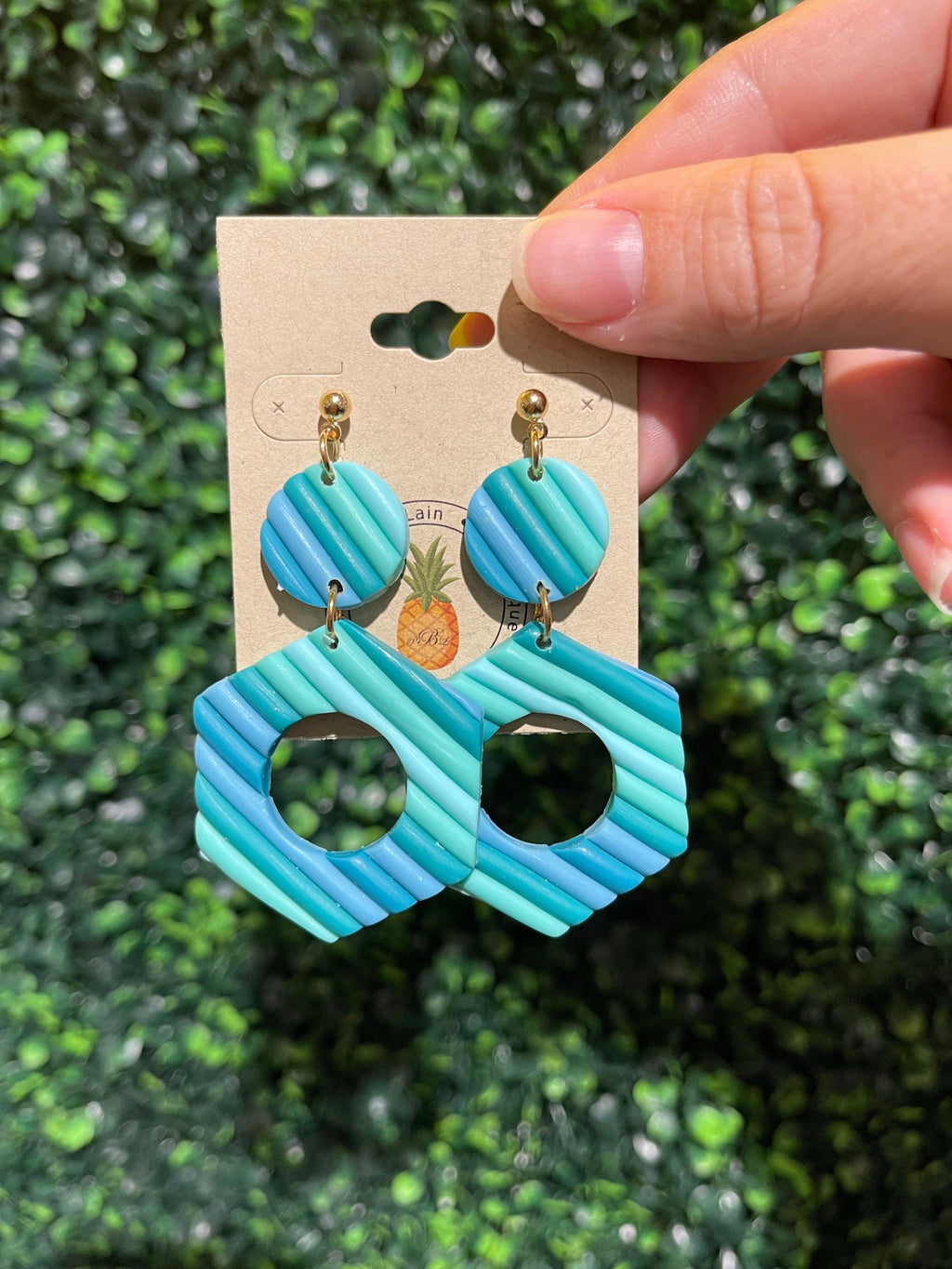 Clay Hexagon Drop Earrings - Green Stripe - Pineapple Lain Boutique