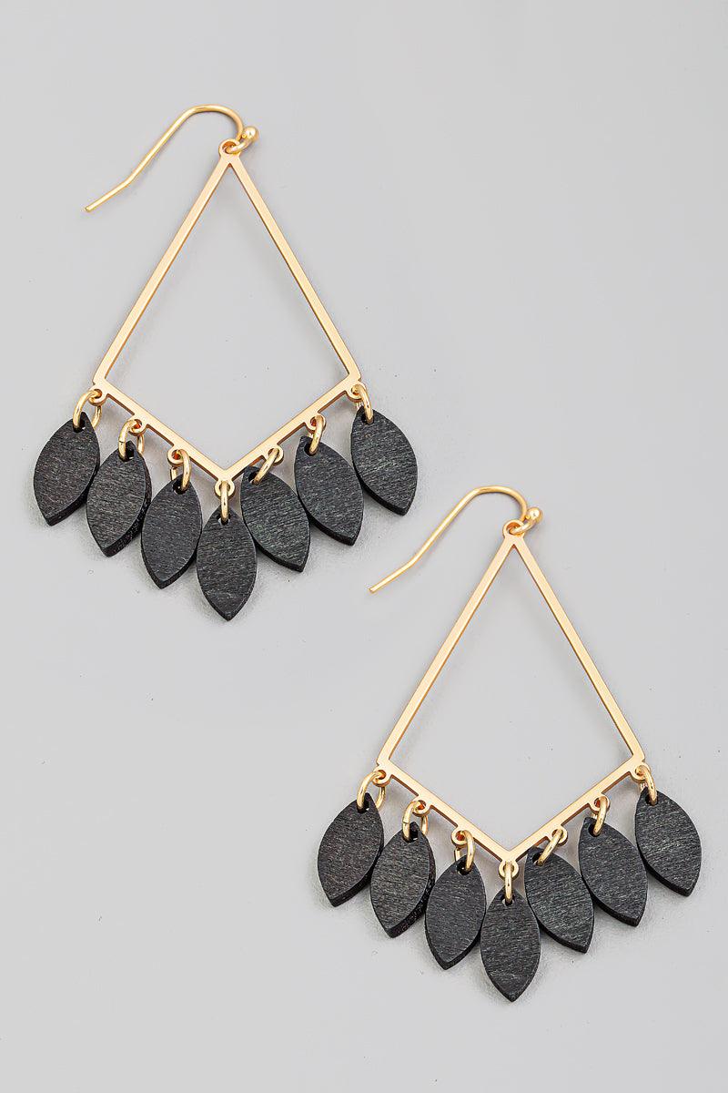 Diamond Shape Wood Leaf Drop Earring - Black - Pineapple Lain Boutique