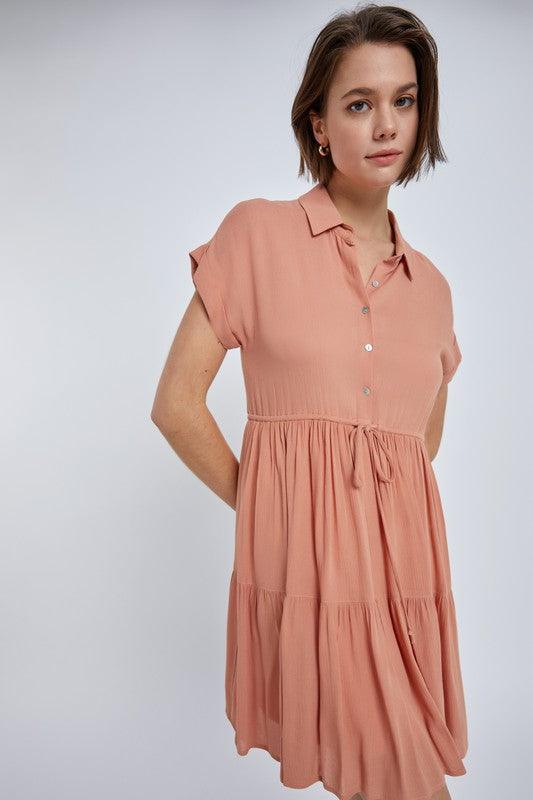 Drawstring Button Up Mini Dress - Dark Peach - Pineapple Lain Boutique
