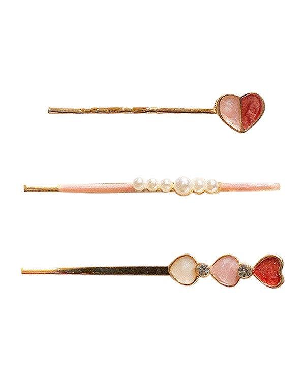 Heart & Pearl Hair Pin Set - Red - Pineapple Lain Boutique