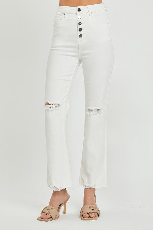 Risen High Rise Button Fly Straight Ankle Jeans - White