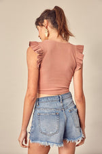 Lane Ruched Front Ruffled Sleeve Crop Top