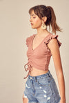 Lane Ruched Front Ruffled Sleeve Crop Top