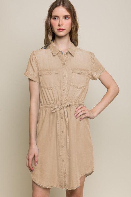 Khaki Button Down Shirt Dress - Pineapple Lain Boutique