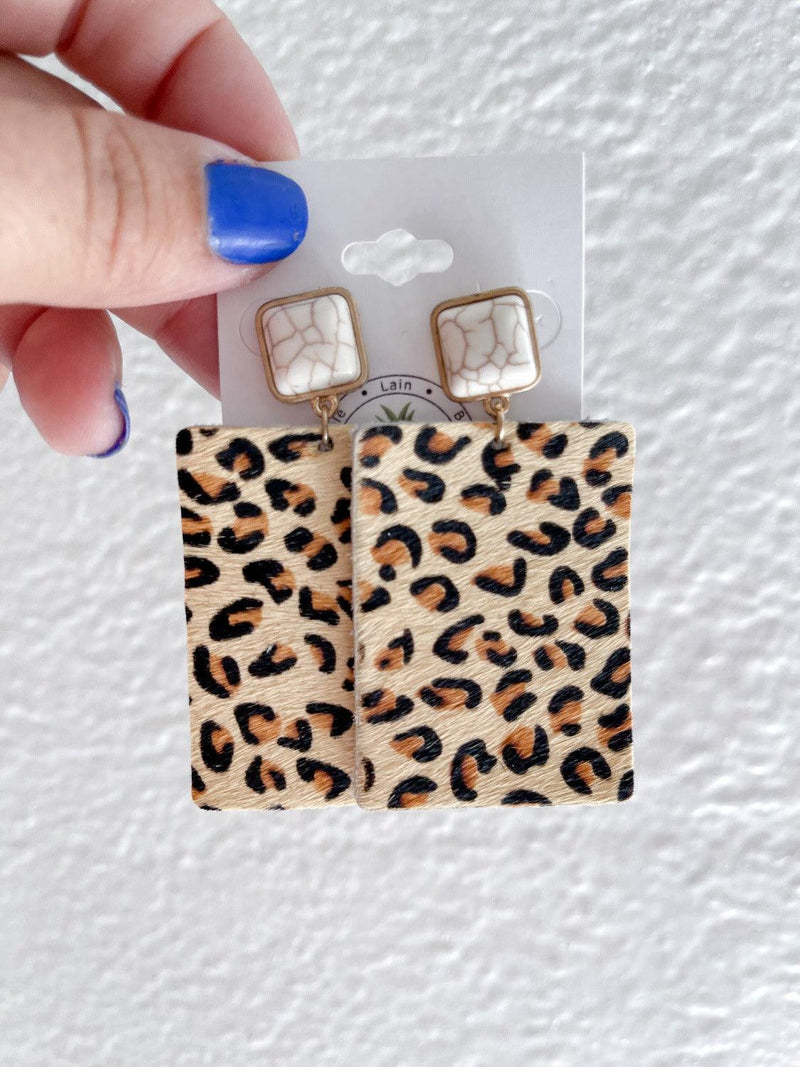 Leopard Print Rectangle & Stone Earring - Pineapple Lain Boutique