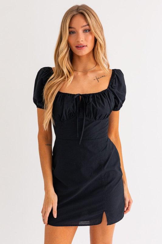 Lindsee Puff Sleeve Mini Dress - Black - Pineapple Lain Boutique