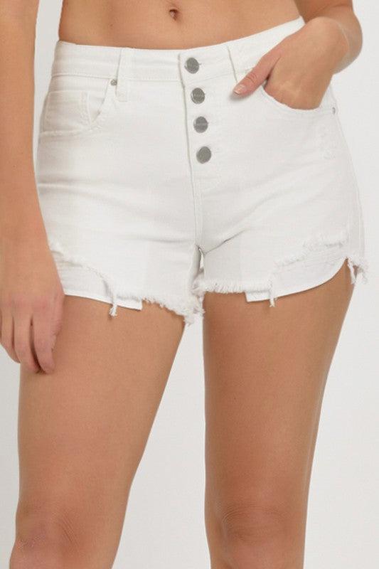 Risen Mid Rise Button Fly Denim Shorts - White - Pineapple Lain Boutique