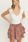 Satin Tiered Mini Skirt - Cocoa - Pineapple Lain Boutique