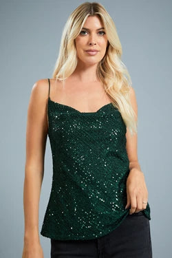 Sequin Cowl Neck Cami - Hunter Green - Pineapple Lain Boutique