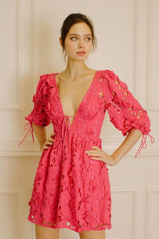 Serenity Floral Lace Mini Dress - Hot Pink - Pineapple Lain Boutique